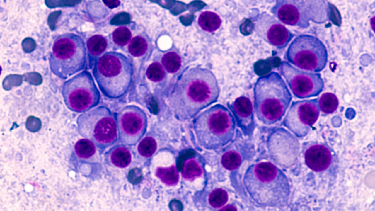 Multiple Myeloma Awareness: Bone marrow aspirate cytology of multiple myeloma, a type of bone marrow cancer of malignant plasma cells, associated with bone pain, bone fractures and anemia. Image Credit: Adobe Stock Images/David A. Litman