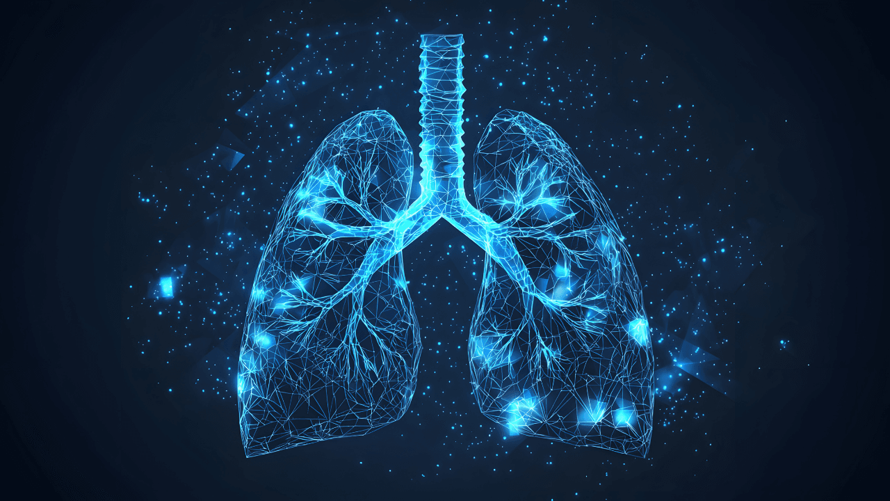 A low poly, polygonal illustration of human lungs, glowing in blue and pink, set against a starry, space-themed background representing health and technology, banner with copy space. Image Credit: Adobe Stock Images/Ekaterina