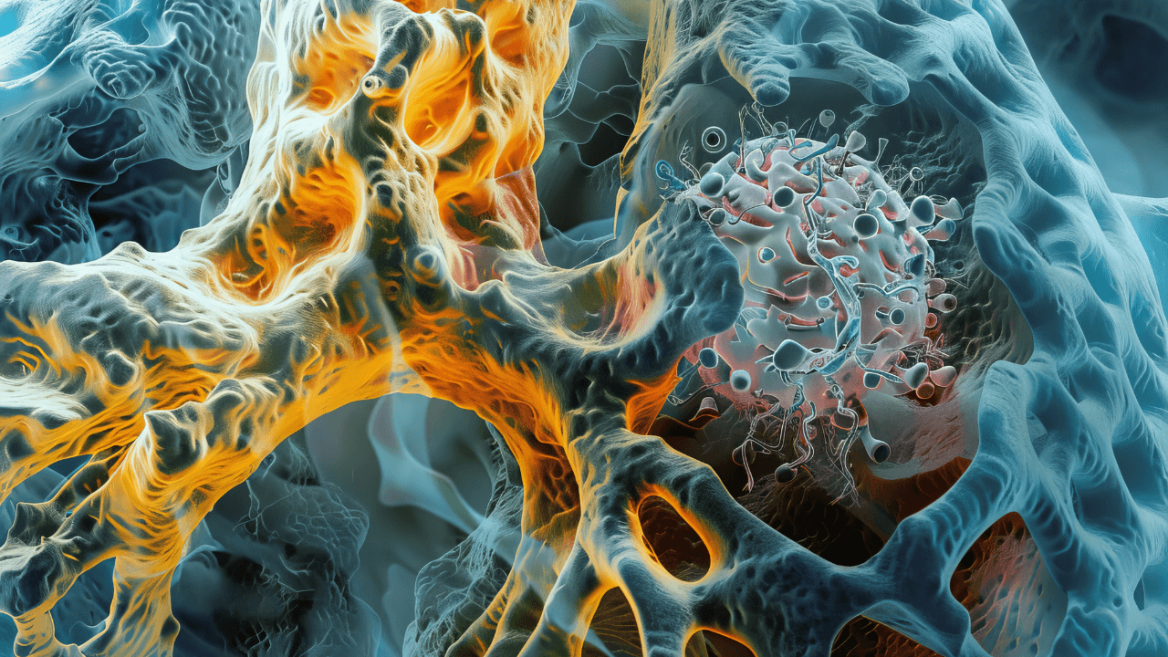 Magnification view of Lung cancer under a color scanning electron micro- graph of a small cancerous tumor (blue) filling an alveolus of the human lung. Image Credit: Adobe Stock Images/Aliaksandr Siamko