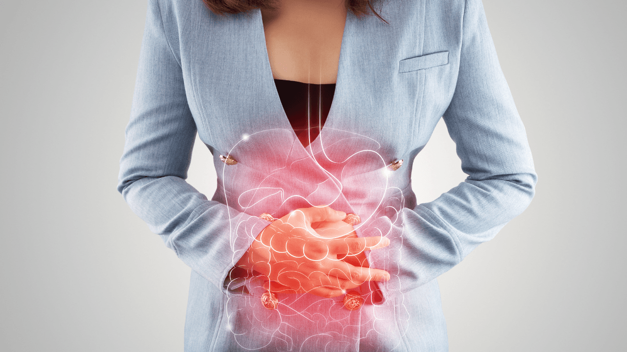 Illustration of internal organs is on the woman's body against the gray background. Business Woman touching stomach painful suffering from enteritis. internal organs of the human body. Image Credit: Adobe Stock Images/eddows