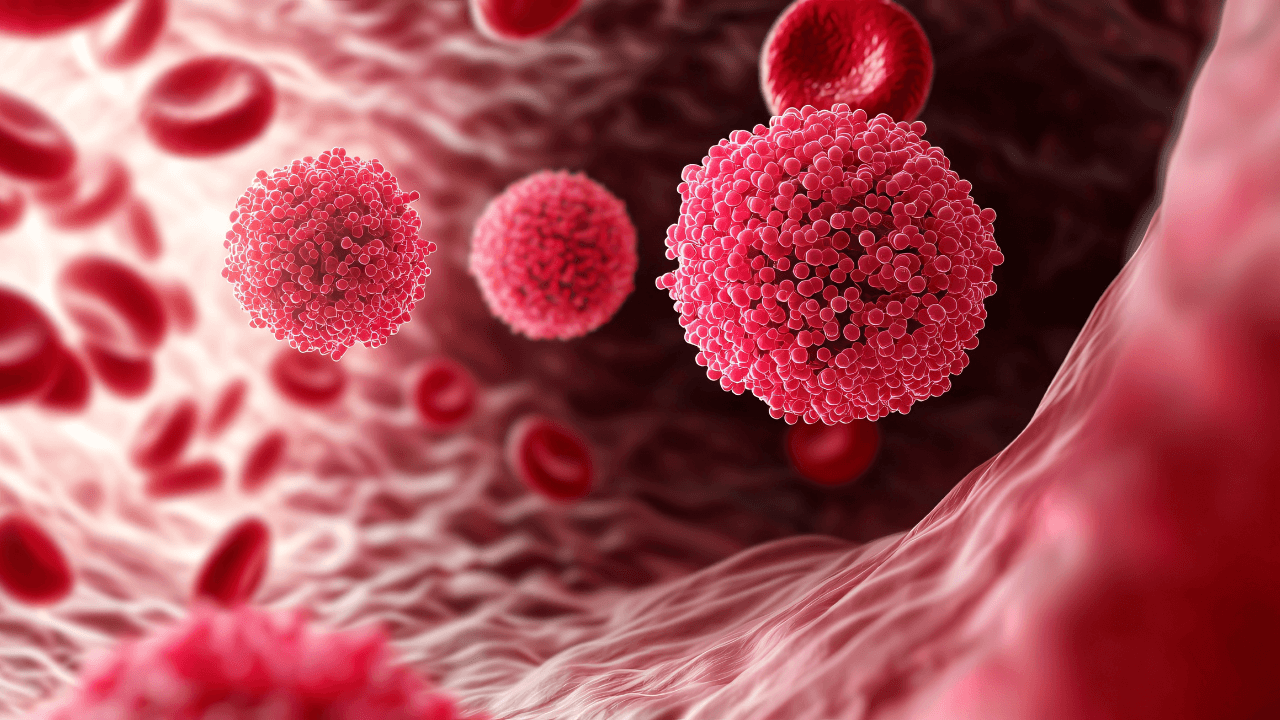 Metastatic breast cancer cells spreading through bloodstream 3D illustration. Image Credit: Adobe Stock Images/Sara_P