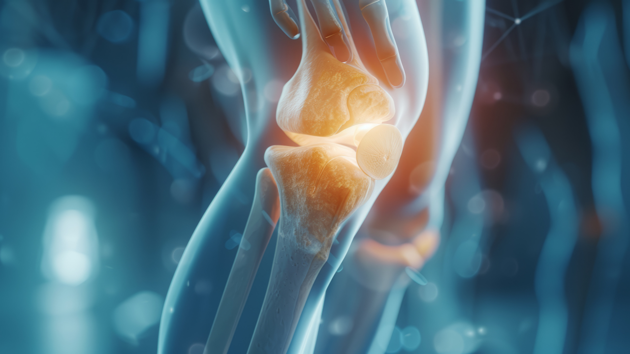 Interactive 3D illustration of a painful knee joint, medical concept with focus on cartilage damage. Image Credit: Adobe Stock Images/JP STUDIO LAB