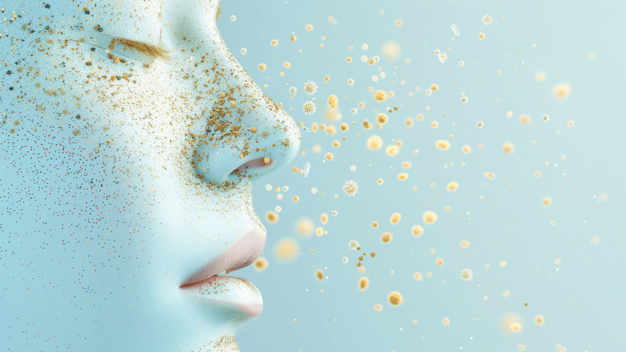 A digital illustration of a nose surrounded by pollen grains, isolated on a light blue background , allergy concept. Image Credit: Adobe Stock Images/fotogurmespb