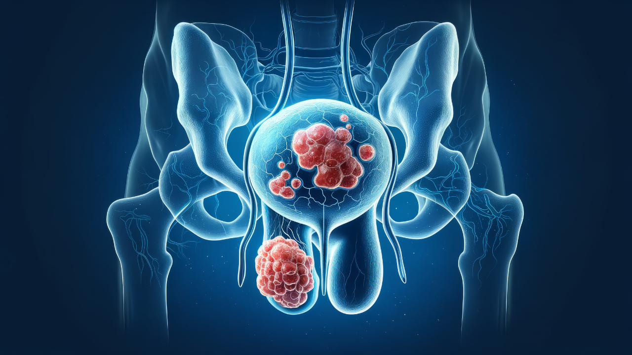 Medical Illustration of Prostate Cancer. Description: Detailed medical illustration of the human pelvis highlighting prostate cancer, showing the prostate gland with cancerous tumors. Image Credit: Adobe Stock Images/sderbane