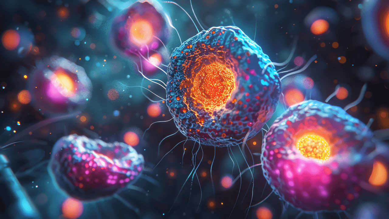 Closeup of plasma cells under a microscope, glowing with vibrant colors, high detail, digital rendering, dark background. Image Credit: Adobe Stock Images/รันนี่ เจอนั่น Mm