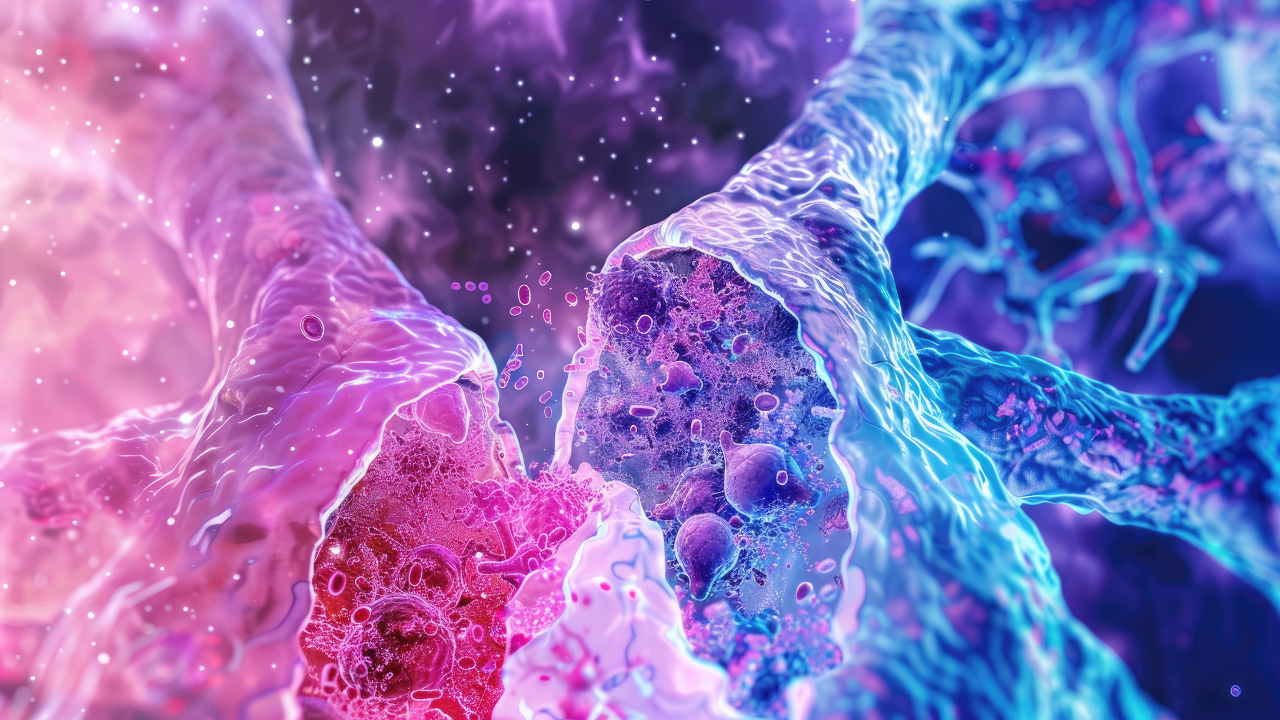 Squamous cell carcinoma of lung left half of image replacing normal healthy lung tissue right side with many tumor cell undergoing mitotic cell division. Image Credit: Adobe Stock Images/ShStock