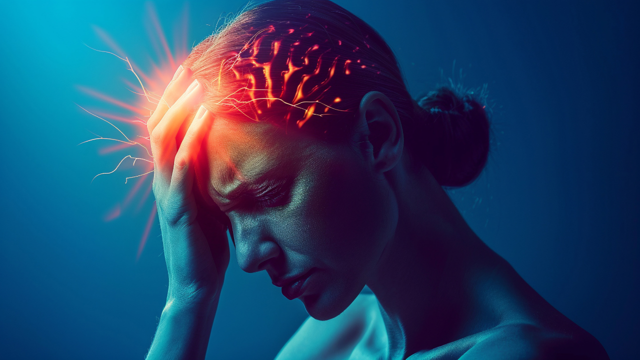 Young woman having headache at home with brain highlighted, stress depressive migraine. Image Credit: Adobe Stock Images/Alex Alex