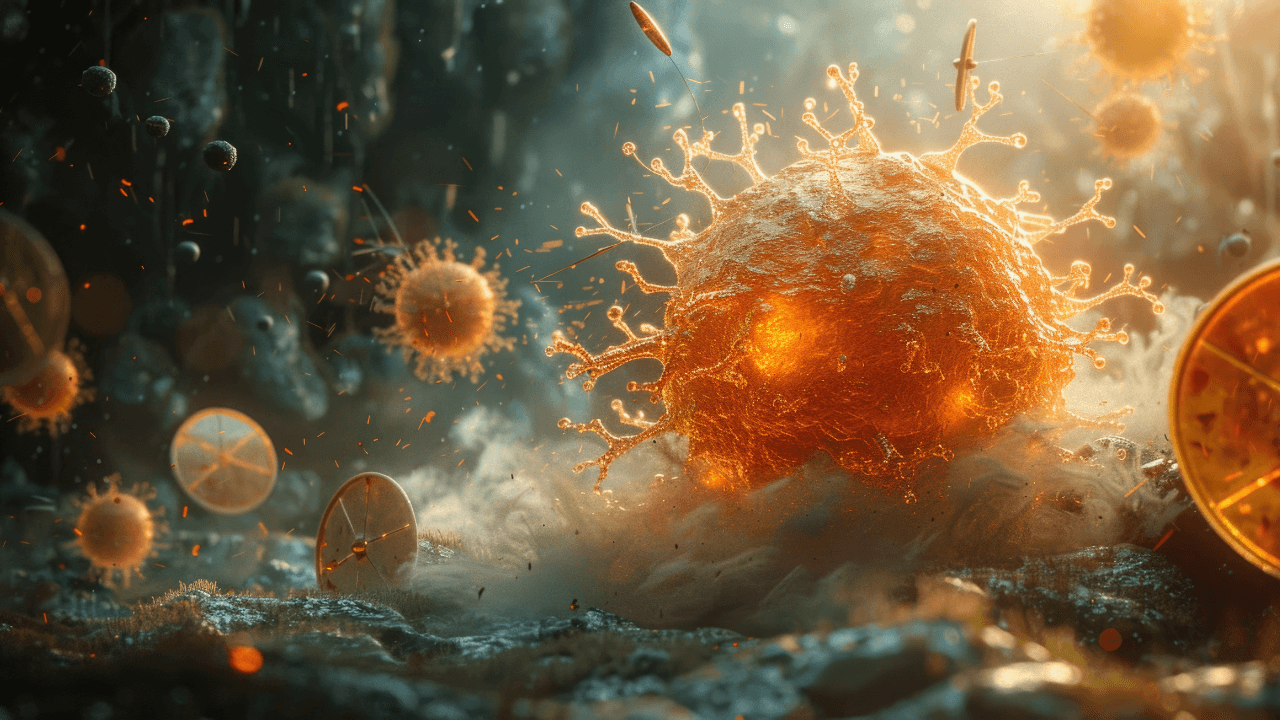 Artistic depiction of a melanoma cell targeted by shields, illustrating the cellular fight against skin cancer, emphasizing research and cure. Image Credit: Adobe Stock Images/Татьяна Креминская